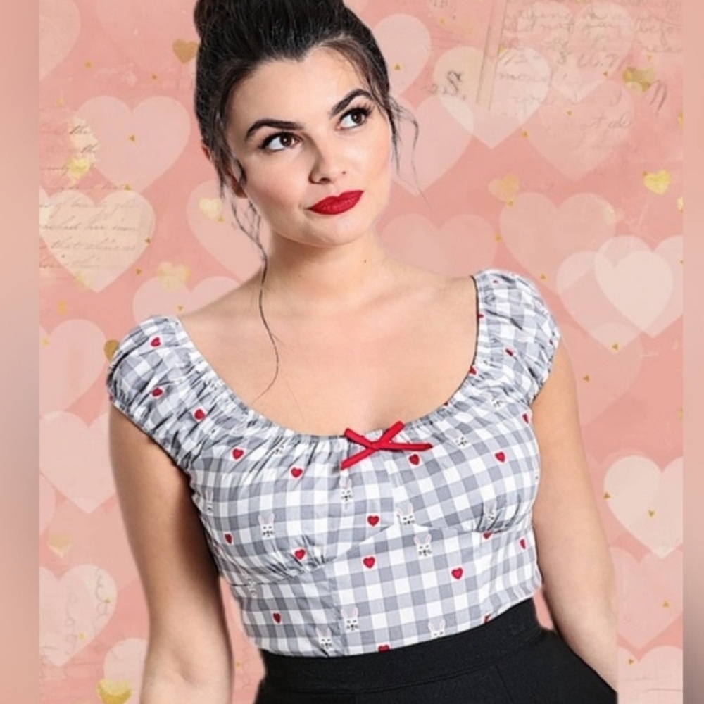 Gingham Heart-Print Crop Blouse with Red Bow